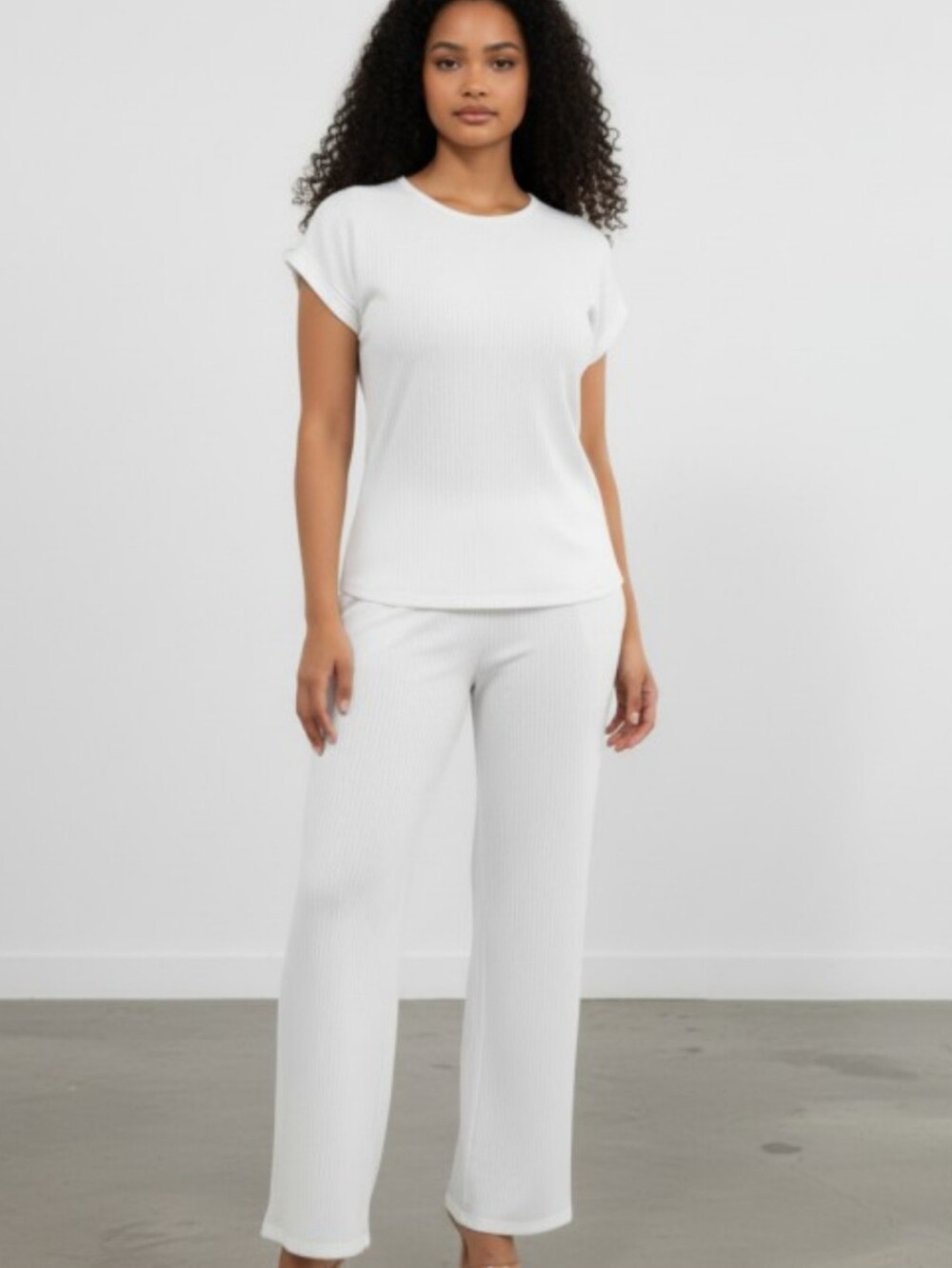 White Blouse Short Sleeve Crinkle Pantsuit